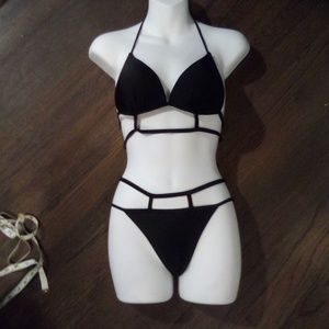 Solid Black Strappy Cage Style 2 Piece Swimsuit